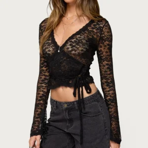 Black Embroidery T Shirts Female Sexy Cross Tie up Deep V Neck Crop Top Lace Tees 2025 Elegant Slim Long Sleeve Tops Autumn 2025
