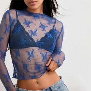 Women Mesh Sheer Y2k Tops Long Sleeve See Through Layering Shirt Top Lace Floral Embroidery Going Out Tops Blouse
