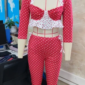 Women Sexy 3 Piece Outfits Sexy Club Party Halter Red Polka Dot Ruffle Bra Top+Long Sleeve Bolero+Capri Pants Set
