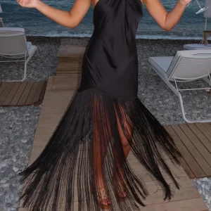 Women's Sleeveless Tassel Decoration Halter Bodycon Fall Elegant Party Dress